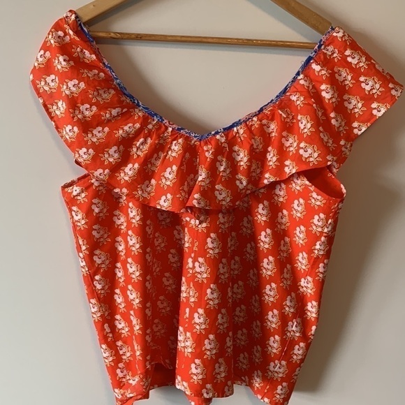 J. Crew Classic Floral Block Ruffle V Neck Orange Summer Top Size Small - Picture 13 of 16